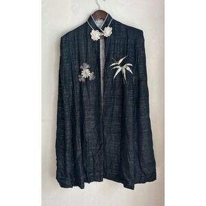 Vintage 1950s Made In Japan Embroidered Long Cape Jacket Silk Floral Bamboo Bird